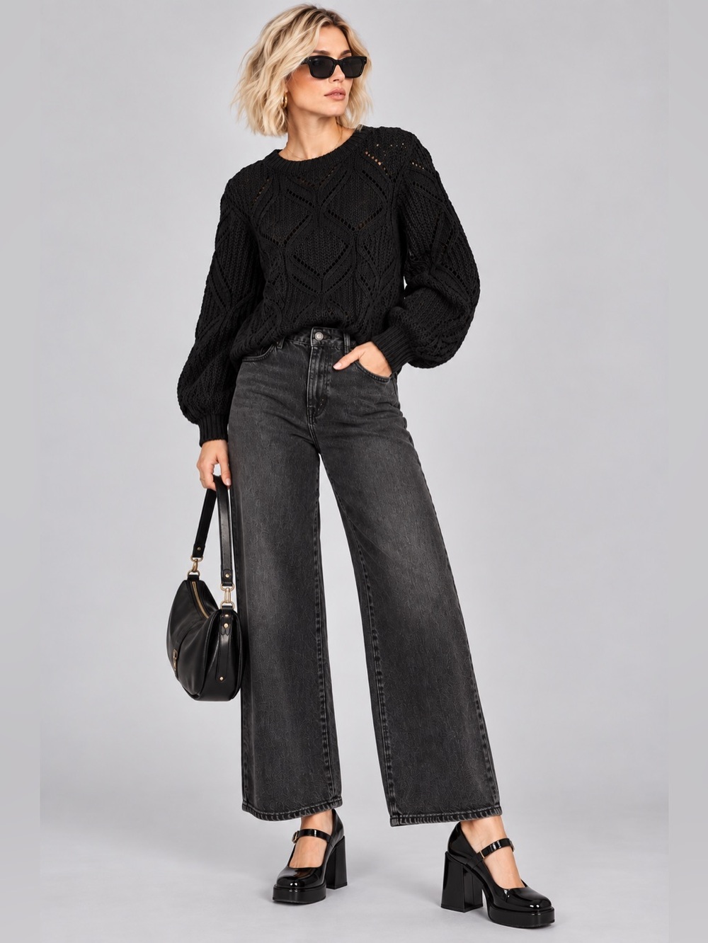 Maurices Black Pointelle Balloon Sleeve Sweater | Open Knit
